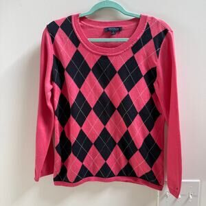 Tommy Hilfiger Pink Navy Argyle Sweater SZ M Preppy Spring Crew Neck